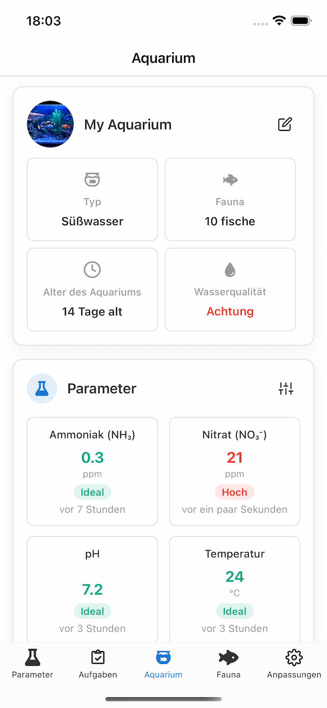 Acuaryo Aquarien-Dashboard-Übersicht