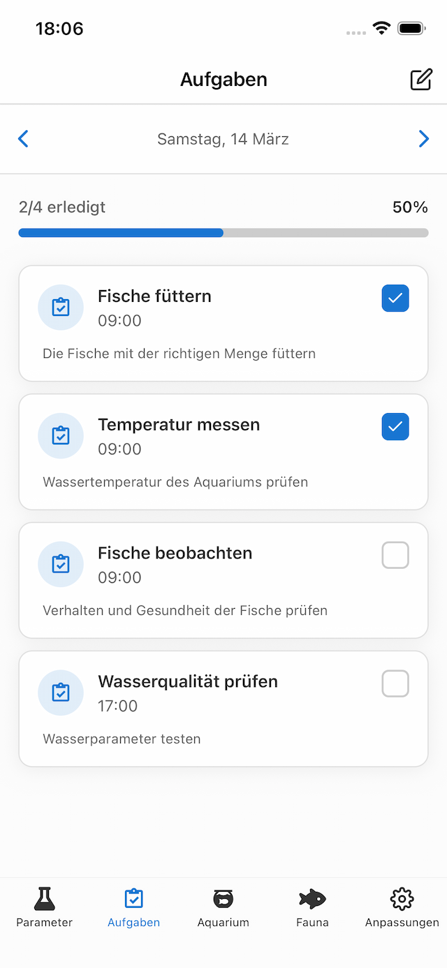 Acuaryo Wartungsaufgaben-Ansicht