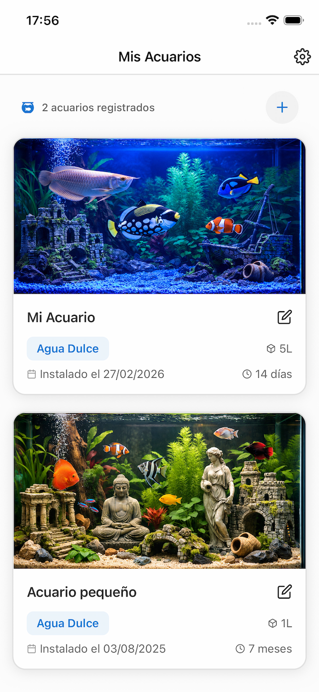 Pantalla de lista de acuarios de Acuaryo