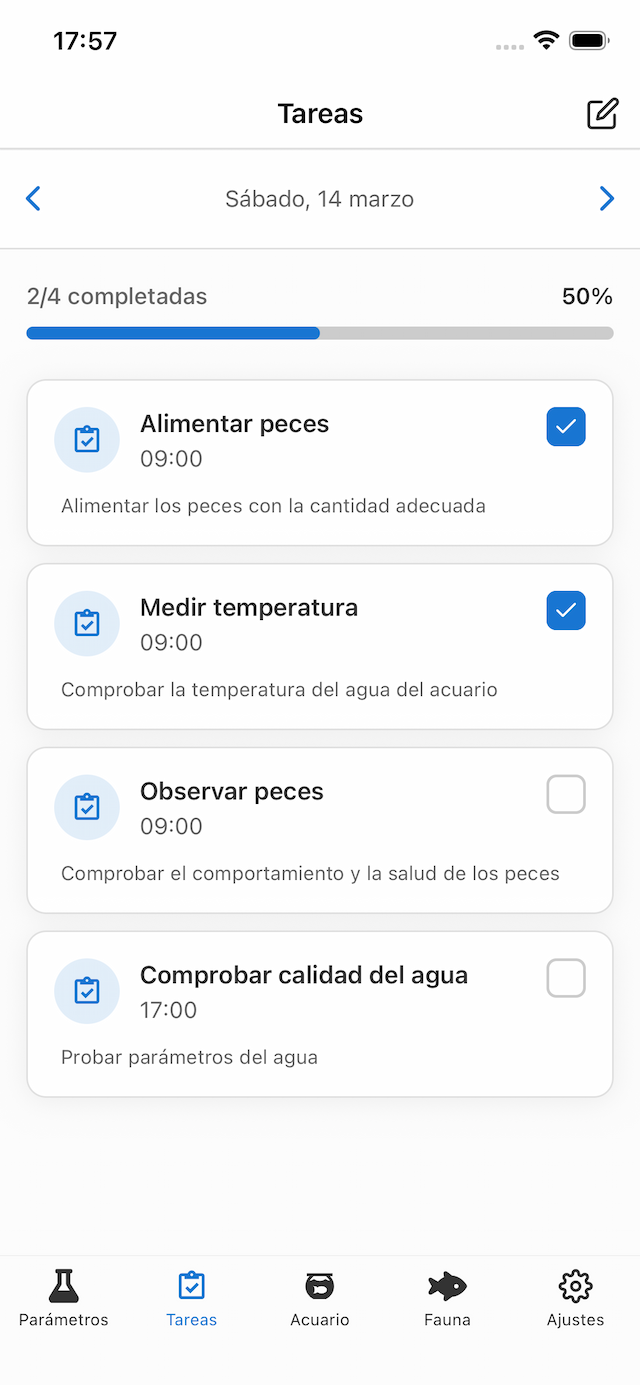Pantalla de tareas de mantenimiento de Acuaryo