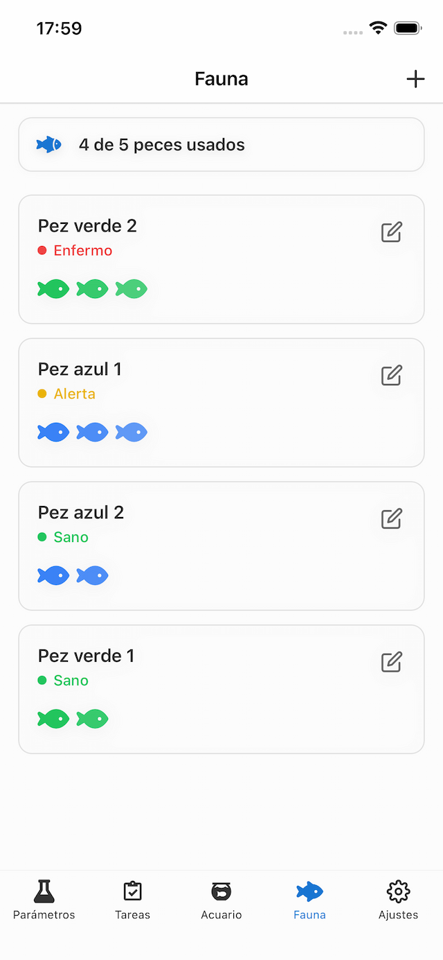 Pantalla de gestión de fauna de Acuaryo
