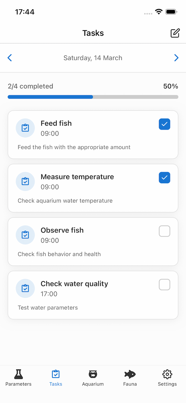Acuaryo maintenance tasks screen