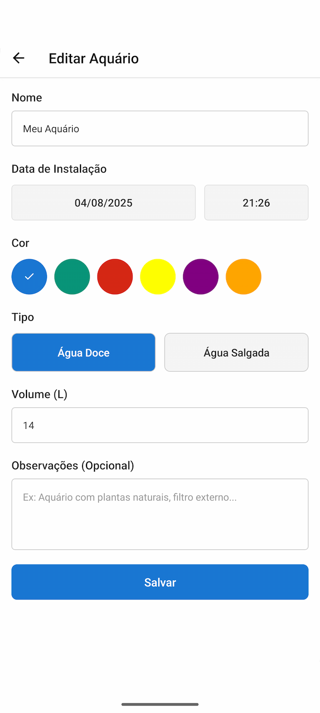 Tela de edição de aquário