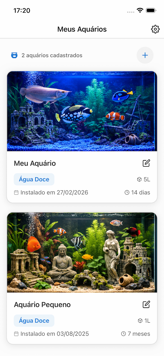 Tela de lista de aquários do Acuaryo