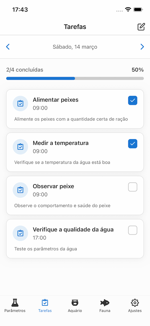 Tela de tarefas de manutenção no Acuaryo