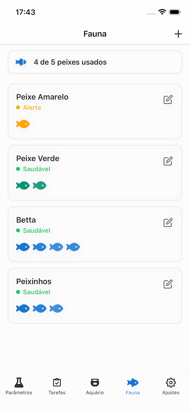Tela de gestão de fauna no Acuaryo